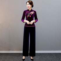 Golden Velvet Cheongsam Women Chinese Style Embroidered Cheongsam Shirt Improved Two-Piece Set Republic Style Vintage Womens