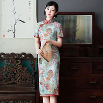 Medium long cheongsam young 2021 New Chinese style plain retro short sleeve modified version dress summer