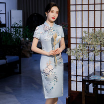 Medium-length cheongsam 2021 new Chinese style womens summer daily wear short-sleeved modified small V-neck dress