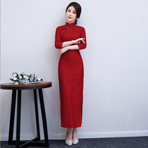 Lace long cheongsam autumn winter dress 2021 new young girl retro slim mid-sleeve improved dress