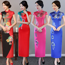 Long cheongsam 2021 new female positioning flower size retro slim walk show performance improved dress summer