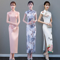 Long cheongsam 2021 new young girl retro slim walk show performance improved version dress summer