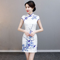 Blue and white porcelain short cheongsam 2021 new young female retro catwalk cheongsam modified version dress summer