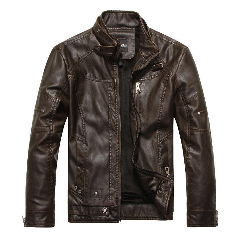 Men's Motorcycle Leather Jacket, European and American Style, Distressed Washed Leather Jacket, Stand-Up Collar, Fleece-Lined Men's Leather Coat Men's Motorcycle Leather Jacket, European and American Style, Distressed Washed Leather Jacket, Stand-Up Collar, Fleece-Lined Men's Leather Coat