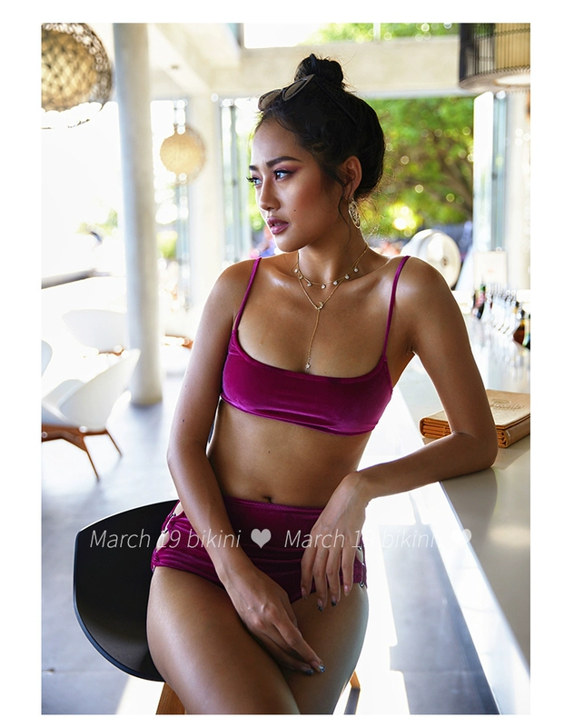 March19 bikini nhung mới chia áo tắm eo cao retro ngực lớn ngực nhỏ tụ tập bãi biển mùa xuân nóng - Bikinis