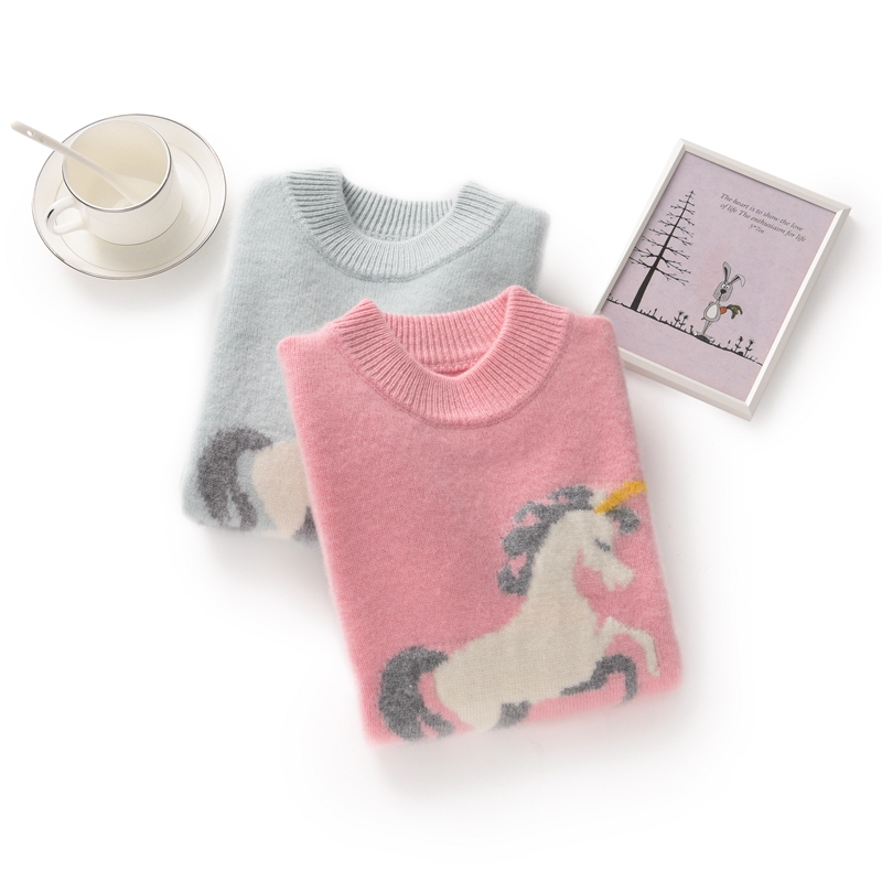 Cartoon Unicorn Cashmere Sweater for Boys and Girls, Round Neck Pullover Knit Sweater, Cute Little Pony Children's Trendy Versatile Top