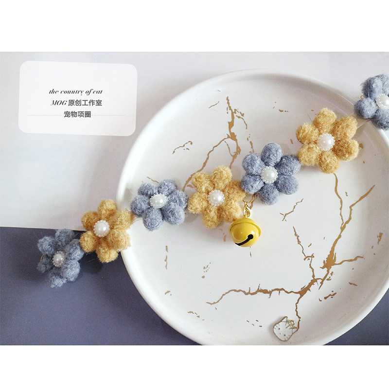 MOG Mody blue pet flower collar wool viscose cat dog with bell cat head pendant pink