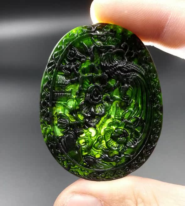 正品天然墨綠玉黑綠玉墨玉富貴花開鳳凰戲牡丹玉掛件玉牌玉佩腰佩