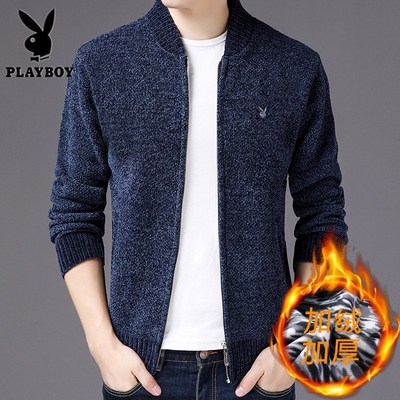 Playboy áo len dệt kim nam cộng với áo khoác nhung thu đông nam thanh niên Hàn Quốc dày dây kéo áo len nam - Hàng dệt kim