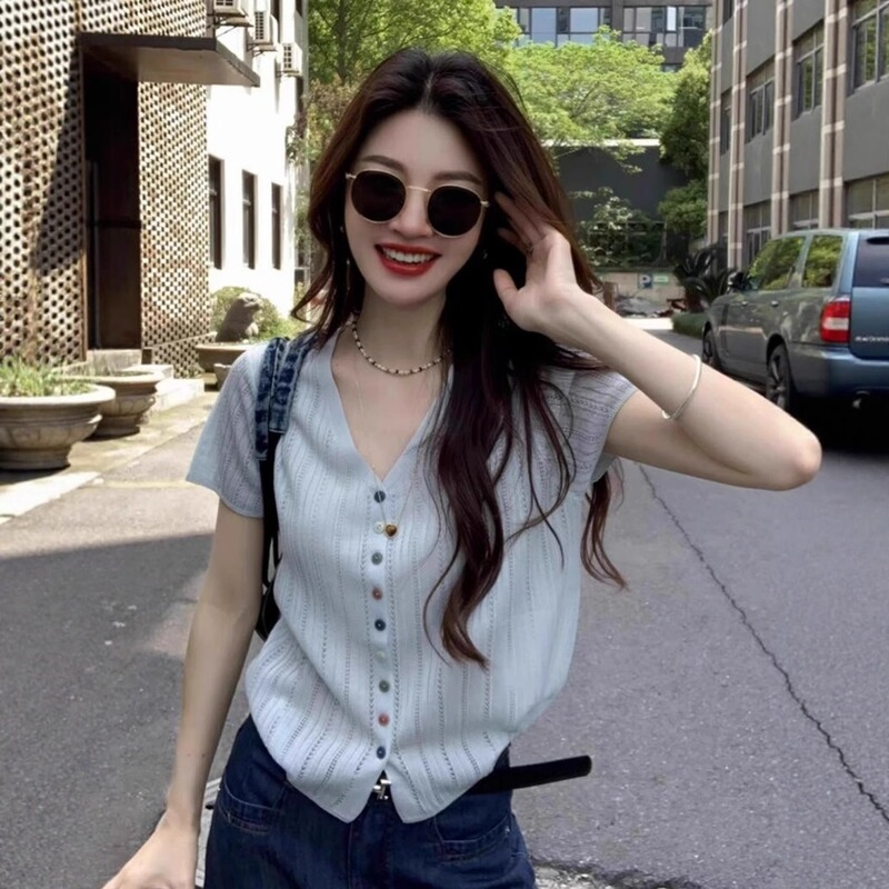 Korean-Style Blue V-Neck Hollow-Out Thin Ice Silk Knit Top for Women, 2026 Summer High-End Short-Sleeve T-Shirt Top