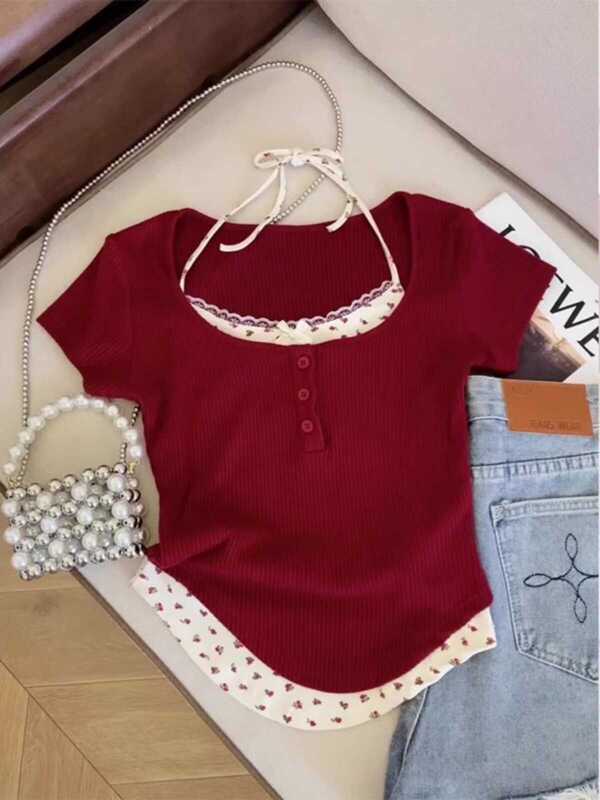 Red Sweet Girl Fake Two-Piece Floral Short-Sleeve T-Shirt for Women, Summer Short Style, Bm Style, Pure Desire, Little Chanel Style Halter Top