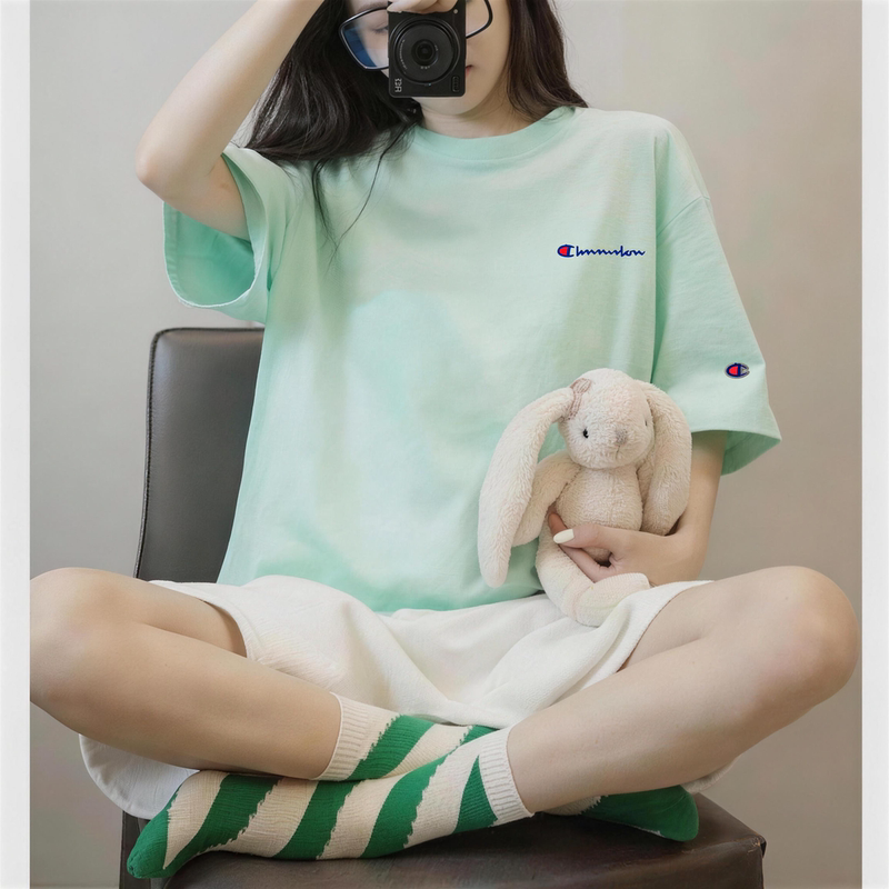 Champion Rainbow Heavy Pink Short-Sleeve T-Shirt for Women, Summer Pure Cotton Trendy Brand Oversize Loose Half-Sleeve for Men