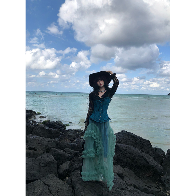 Gege Shop Peacock Blue Fishbone Strapless Vest Lace Long Sleeve Inner Top Mesh Half-Length Skirt Set