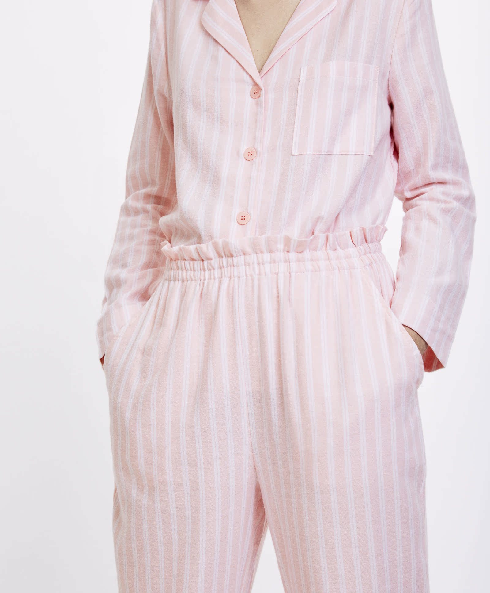 Oysho flannel màu hồng sọc giữa quần nhà cao cấp thoải mái đồ ngủ nhà nữ quần 30306624622 quần short nữ