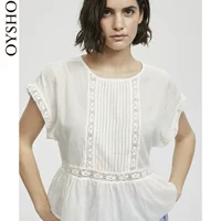 Mùa xuân và mùa hè giảm giá Oysho trắng ren rộng đơn giản ngắn tay nhà T-Shirt đồ ngủ 30227139959 đồ bộ mặc nhà bằng vải thun