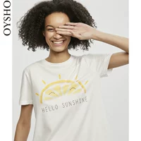 Oysho sun lemon pattern trắng vòng cổ dịch vụ nhà đồ ngủ nữ mùa hè ngắn tay T-Shirt 30659581959 đồ mặc nhà