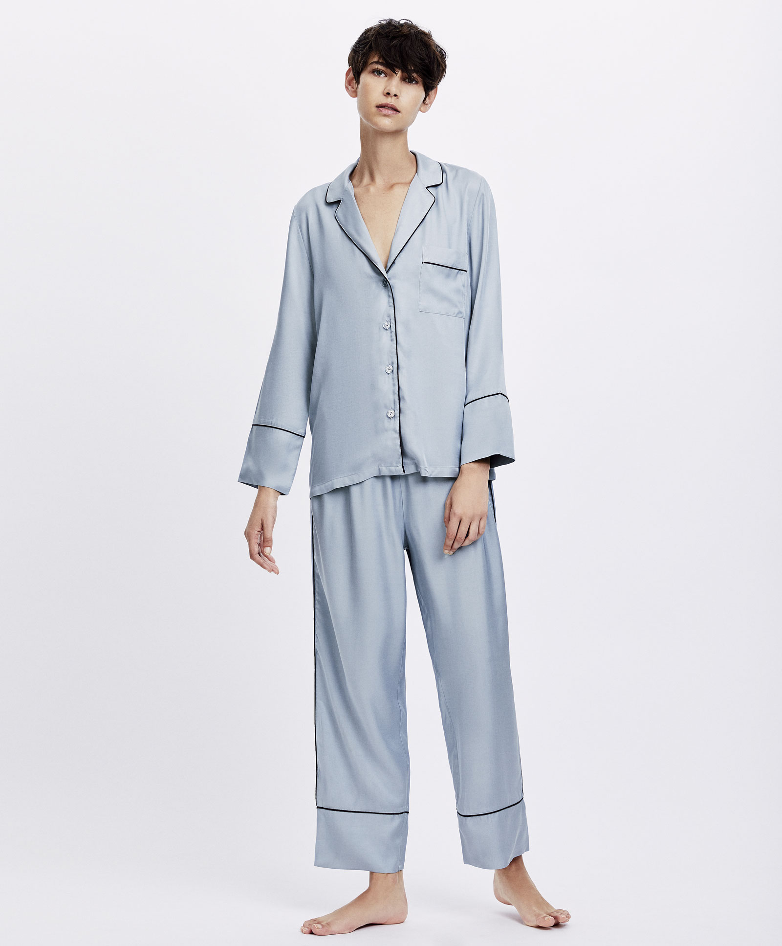 Oysho màu xanh ống nhà quần pyjama quần eo nữ mùa thu và mùa đông 30320632499 quần baggy nam
