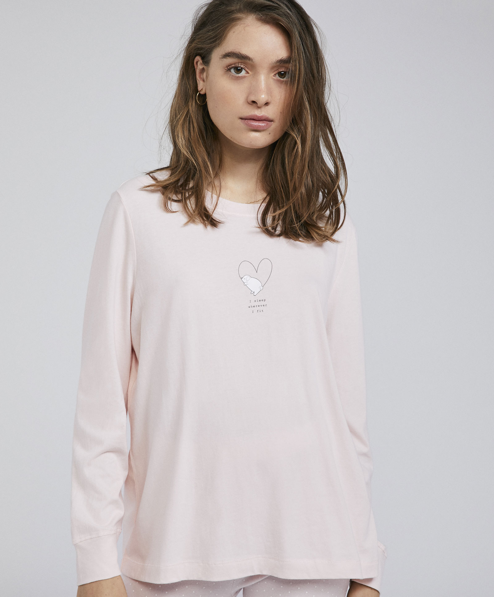 Mùa xuân và mùa hè giảm giá Oysho Perfect trận đấu vòng cổ dài tay áo nhà đồ ngủ T-Shirt 30231963622 pijama lụa