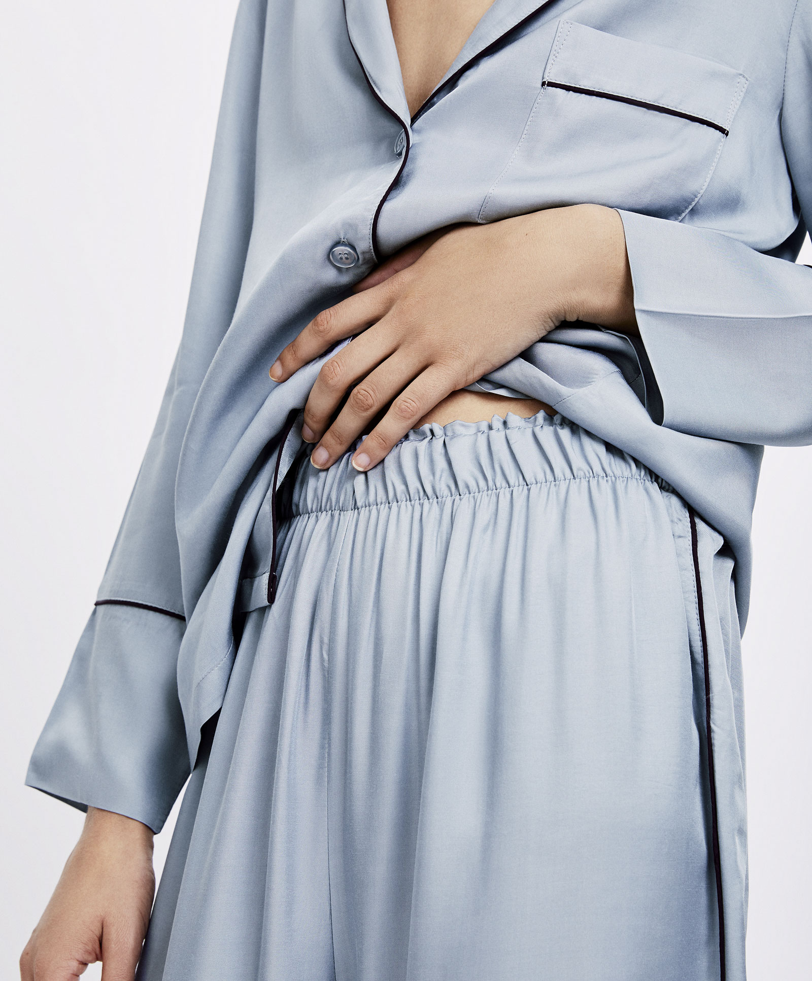 Oysho màu xanh ống nhà quần pyjama quần eo nữ mùa thu và mùa đông 30320632499 quần baggy nam