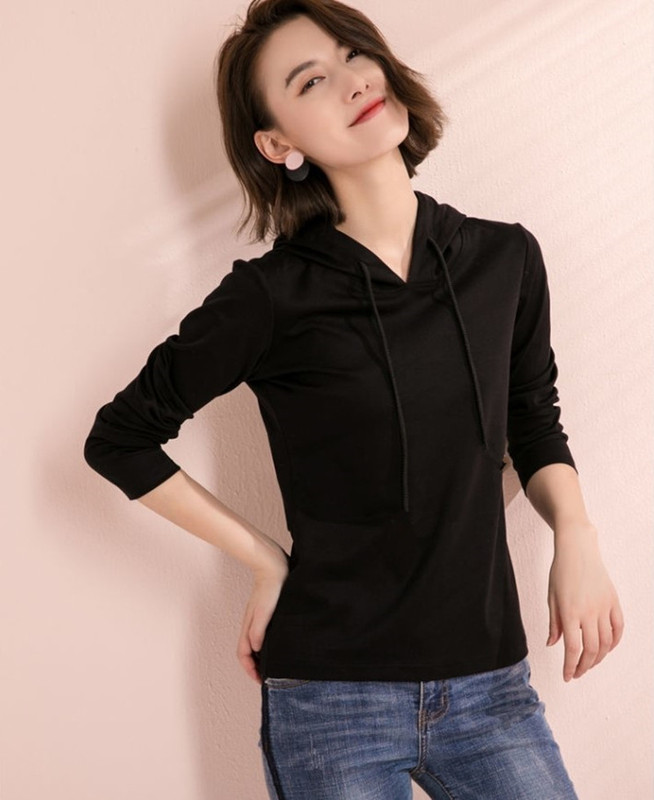 Black Autumn Multi-Color Hooded T-Shirt Korean Style Casual Sports Base Layer Hoodie Stretchy T-Shirt for Commuting Long-Sleeve Top