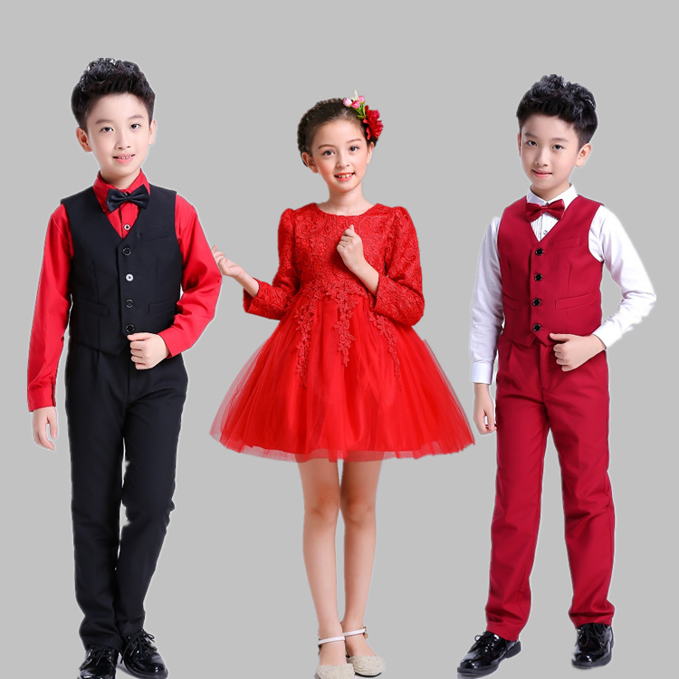 Trang phục trẻ em phong cách Trung Quốc Tang phù hợp với sườn xám dài tay guzheng trang phục học sinh tiểu học và trung học hợp xướng phù hợp với váy đỏ quần áo bé trai