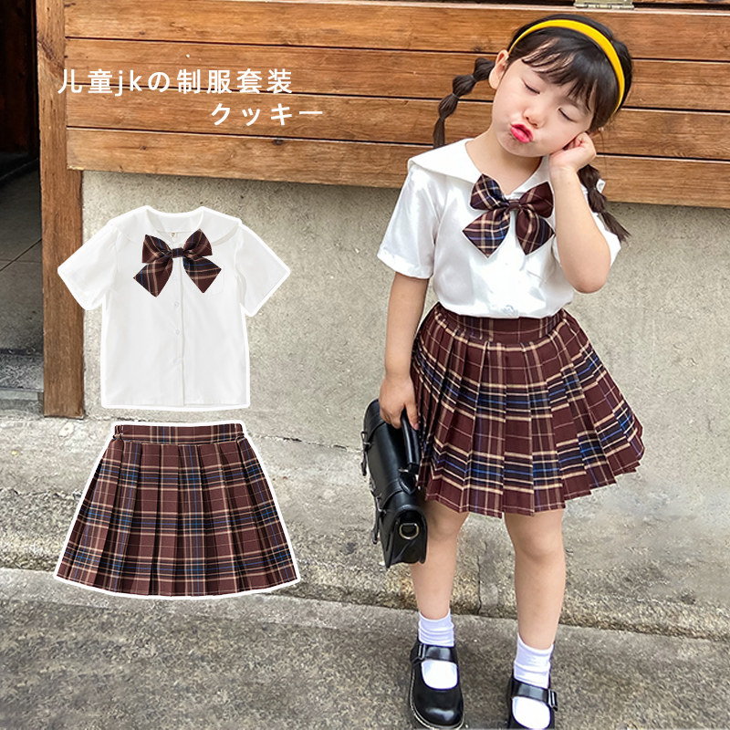Children's JK summer uniform suit foreign style two-piece short-sleeved summer girls 10-year-old half-length pleated skirt genuine