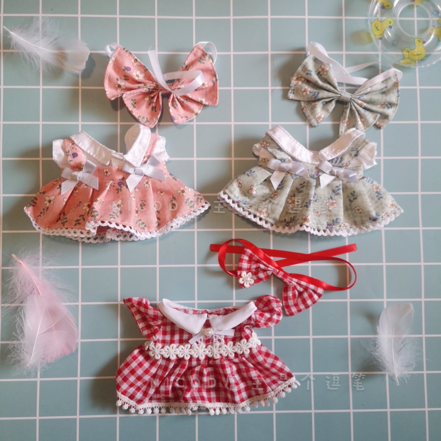 (Baby) 20cm doll skirt red plaid watermelon red green floral skirt Hair band three-piece bow