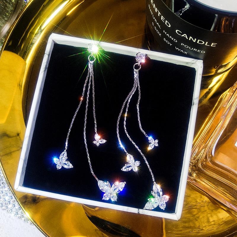 2019 new 925 pure silver needle luxurious super shiny butterfly zircons earrings female temperament South Korea long version ear pin earrings