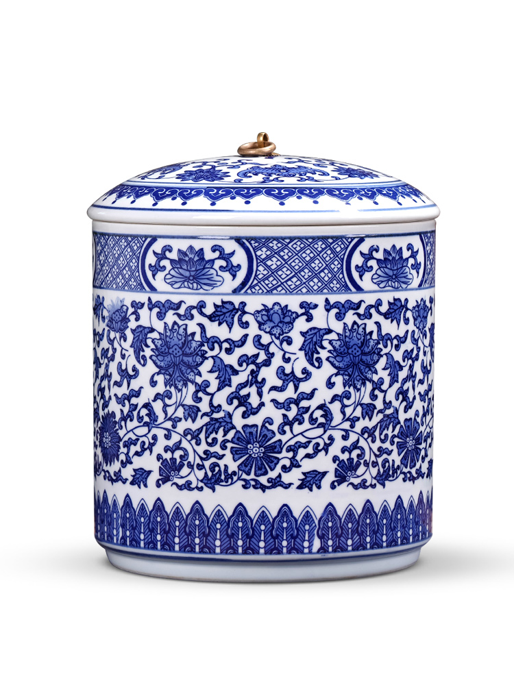 Caddy fixings ceramic seal pot store receives a large blue and white porcelain tea pot of pu 'er tea cake tin tea set