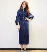 Châu Âu ga hoang dã đầm thon retro khí chất eo eo đơn ngực ve áo bảy điểm đèn lồng tay áo denim