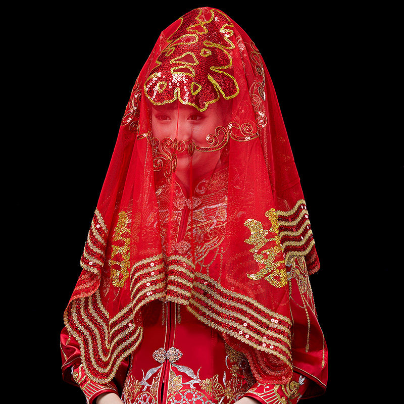 Xiuhe dress red hijab wedding hijab bride red mask turban 2019 new transparent high-grade lace classic