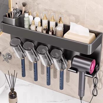 German Precision Toothbrush Holder Bathroom Multifunctional No-Drill Wall-Mounted Mouthwash Cup Hair Dryer Rack