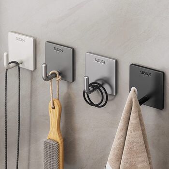 German Precision Stainless Steel Adhesive Hooks, Strong Load-Bearing, No-Drill, Wall-Mounted Adhesive Hooks for Bathroom and Kitchen Behind Doors