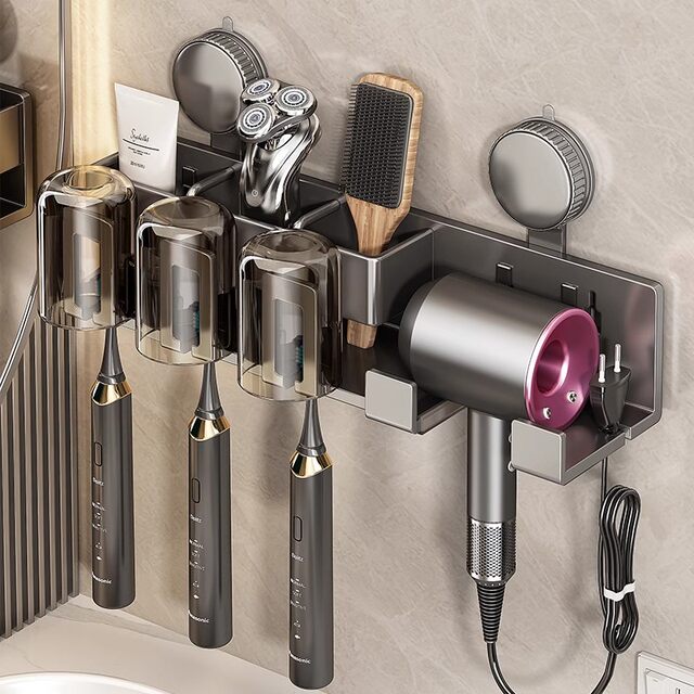German Seiko Suction Cup Toothbrush Storage Rack Punch-Free Bathroom Hair Dryer Holder Wall-Mounted Toothbrush Mouthwash Holder
