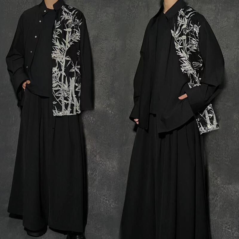 7D Sevendays'Bamboo Leaves and Clouds' Chinese Style New Chinese Embroidery Stand Collar Bamboo Leaf Embroidery Lace-Up Long Sleeve Shirt for Men
