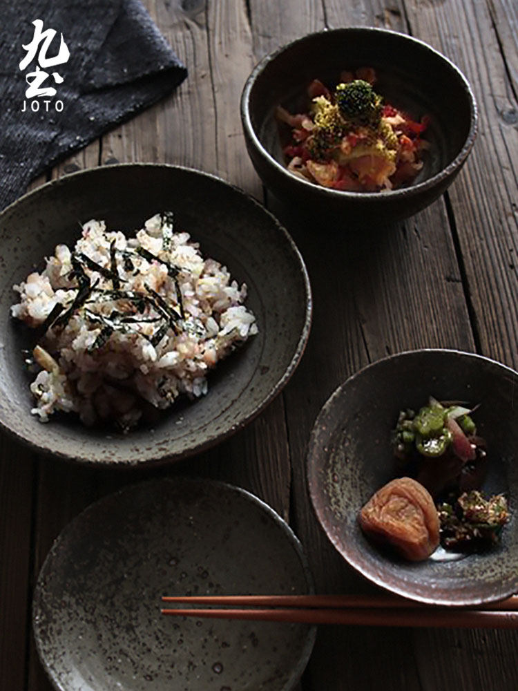 Nine earth handmade coarse pottery tableware set Japanese tableware dishes dishes plates cups Five-piece set custom household utensils