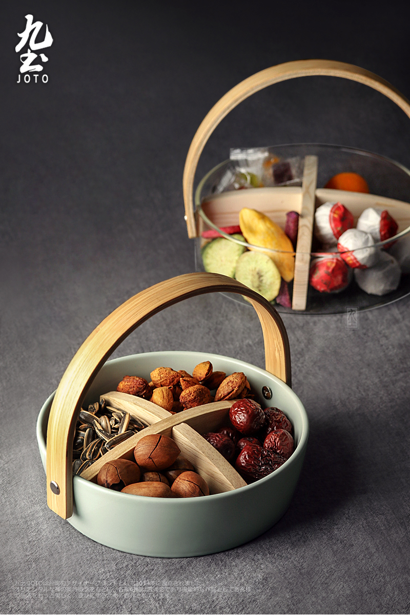 About Nine soil ceramic dried fruit platter sitting room home snacks the nut plate frame plate Japanese creative bamboo handle compote