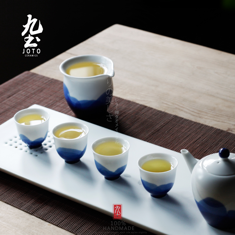 About Nine soil blue - and - white checking ceramic tea set fair zen landscape painting the teapot tea cup cup jingdezhen kung fu tea cups
