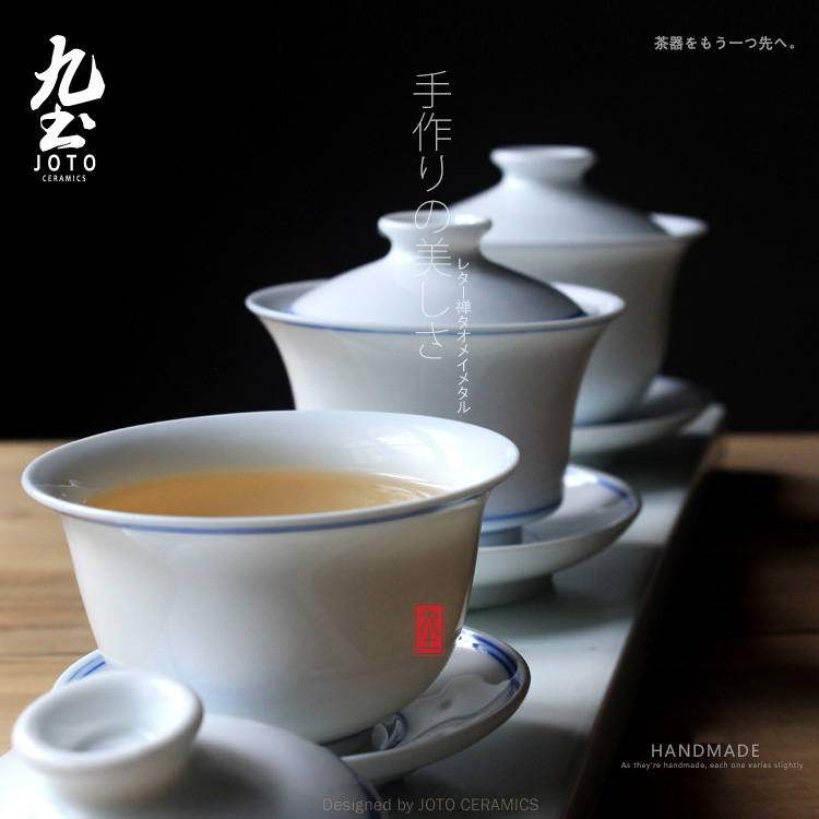 Bộ ấm trà bằng sứ màu xanh và trắng đất nung Kung Fu bao gồm ba cái bát có nắp đậy nắp chén trà - Trà sứ bộ ấm trà đẹp
