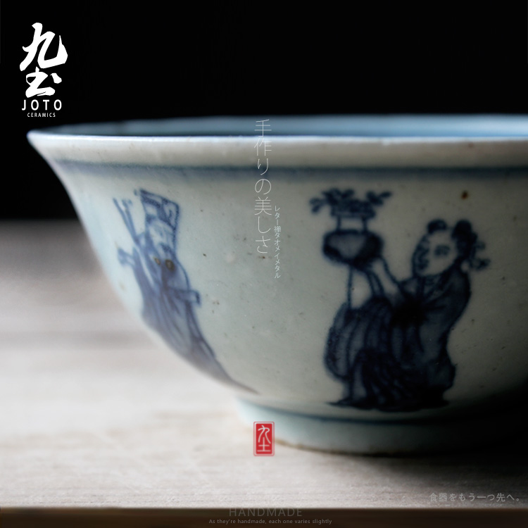 About Nine soil of jingdezhen blue and white bowl ceramic zen characters do old manual painting style of the ancients BaXianCha bowl of rice bowl