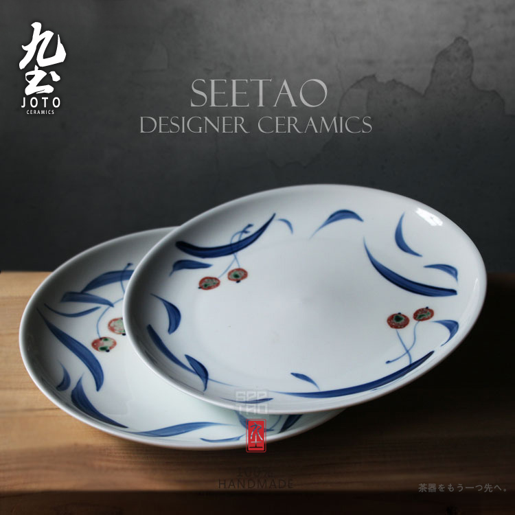 About Nine soil manual blue - and - white youligong cherry plate Japanese retro hand - made ceramic tableware dinner plate feeder