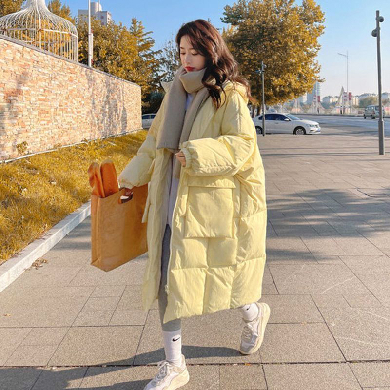 Cream-Colored Mid-Length down Jacket for Women, 2025 Winter New Style, Korean Version, Over-The-Knee Cotton Coat, Thickened for Cold Protection