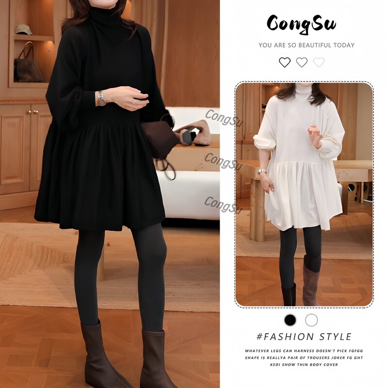 2026 Autumn and Winter New Style Solid Color Elegant Fashion Simple Casual Long-Sleeve Loose High-Neck Versatile Dress 2026 Autumn and Winter New Style Solid Color Elegant Fashion Simple Casual Long-Sleeve Loose High-Neck Versatile Dress