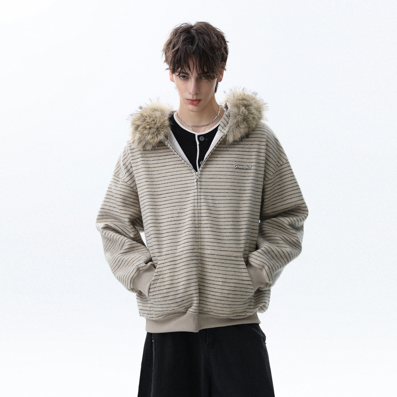 Mrnearly Autumn American Style Trendy Brand Striped Detachable Fur Collar Zipper Cardigan Hoodie Men's Couple Jacket