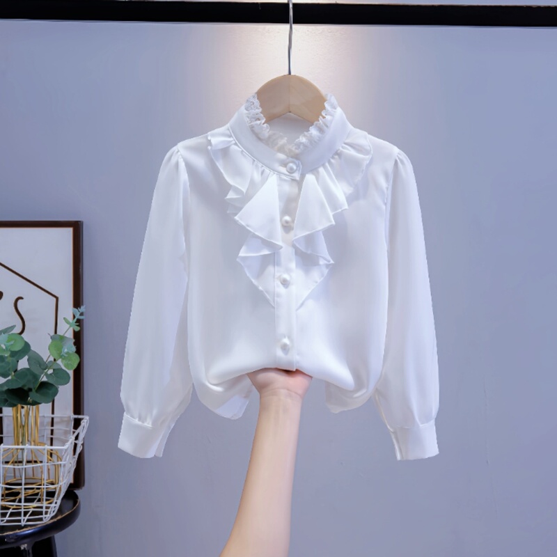 Girls' White Chiffon Shirt with Stand Collar 2025 New Spring, Autumn and Winter Clothing Kidsren's Bottoming Top Anti-Wrinkle Princess Shirt