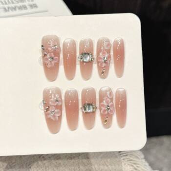 Clear nude pink cat eye three-dimensional cherry blossom handmade nails