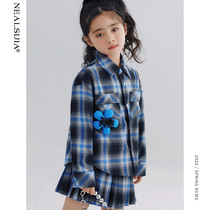 Girl Spring Clothing Suit 2022 New Internet Red Children Dress Big Child Trendy Ocean Gas Shirt Spring Autumn Checkered Two Sets