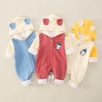 Baby jumpsuit autumn and winter can love cute climbing clothes newborn out cotton clothes for men and women Baby double-layer hooded clothes