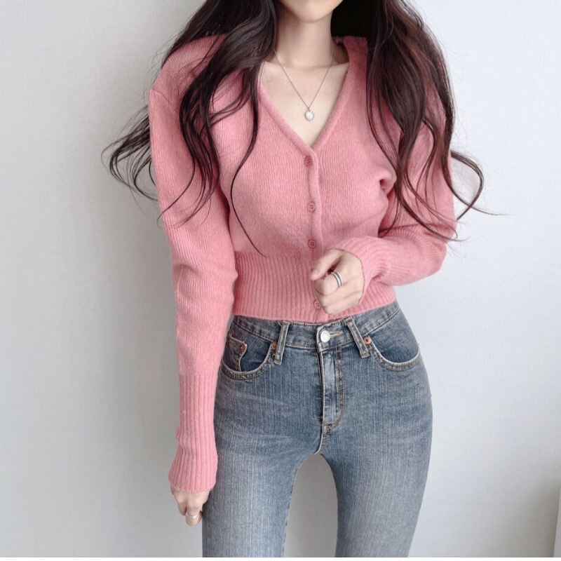 Short Knitted Cardigan for Women, Spring and Autumn Thin Style, Waist-Cinching, Slimming, V-Neck Sweater, Niche Outerwear, Pink Top