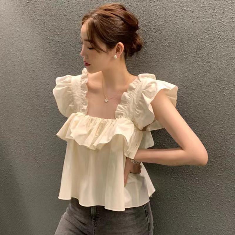 Korean Dongdaemun 2026 Spring/Summer New Solid Color Pleated Ruffle Sweet Age-Reducing Stylish Tank Top Women's Top Trendy